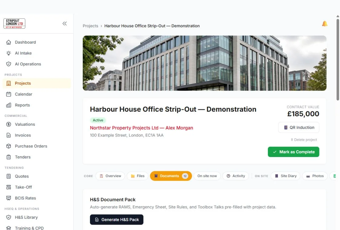 SiteHQ company dashboard populated with fictional demonstration information.